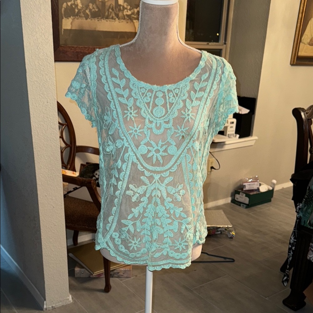 Sheer Lace Floral Top - Mint Green